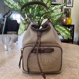 prada logo jacquard bucket bag